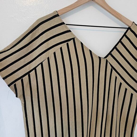 Zara Linen Blend Knit Asymmetrical Boxy Midi Dress XS Tan Black Stripe V-Neck - Picture 2 of 6